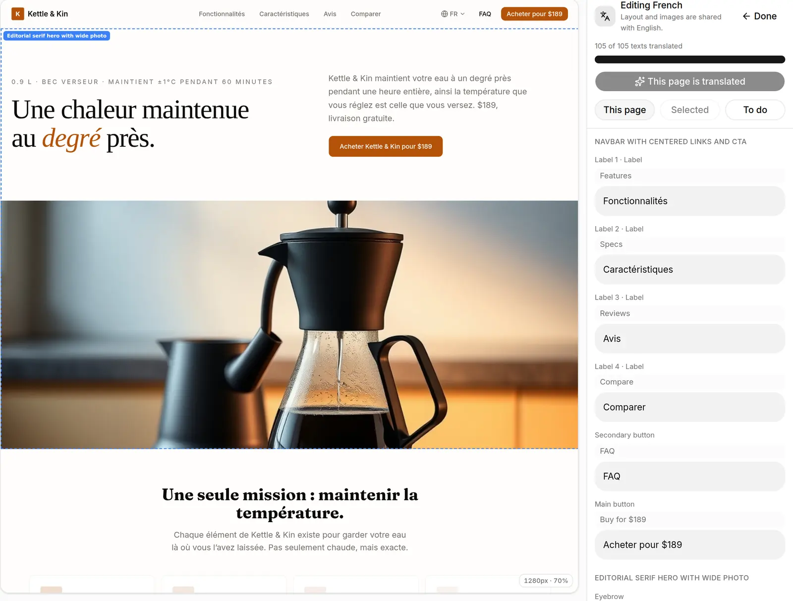The editor showing the site translated into French, with a language dropdown in the navbar and the translation panel listing each English text and its French version